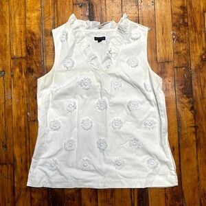 Talbots Top Women's XS White Floral Applique Detail Ruffled V-Neck Side Zip